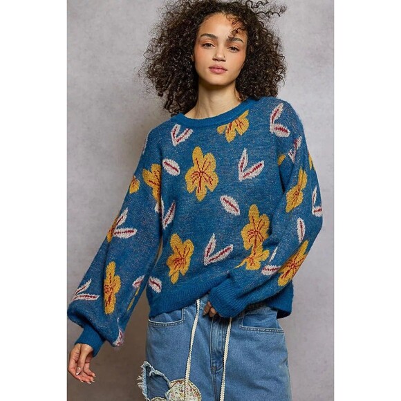 POL Floral Pattern Round Neck Balloon Sleeve Sweater Womens Size S-M-L-XL - Picture 2 of 5